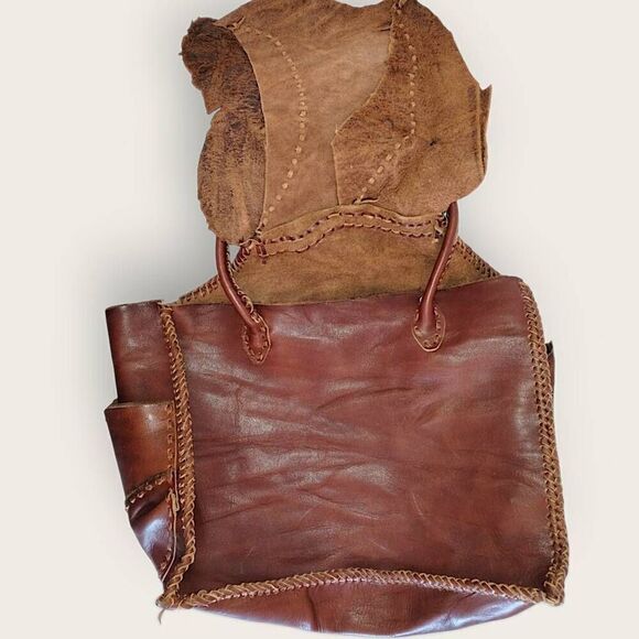 Vtg Hand Crafted Leather Bag Woven Tooled Brown Bullet Holes Western Cowboy RARE - Picture 4 of 13